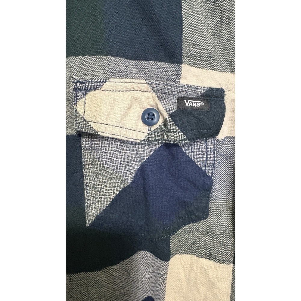 Vans Plaid Flannel Shirt Men's Medium Slim Fit Blue Tan Long Sleeve Button Up - Picture 4 of 5